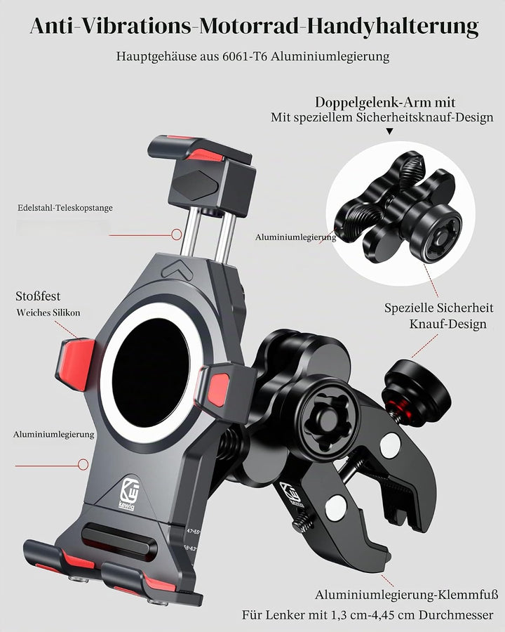 BRCOVAN Motorrad Handyhalterung mit Vibrationsdämpfer, Diebstahlsichere Aluminiumlegierung Handy Mot
