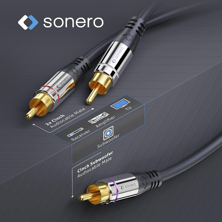 Sonero® Premium 7,50m Cinch Kabel, 1x Cinch auf 2x Cinch, Audio Y-Kabel, Subwoofer, HiFi-Anlage, Ver