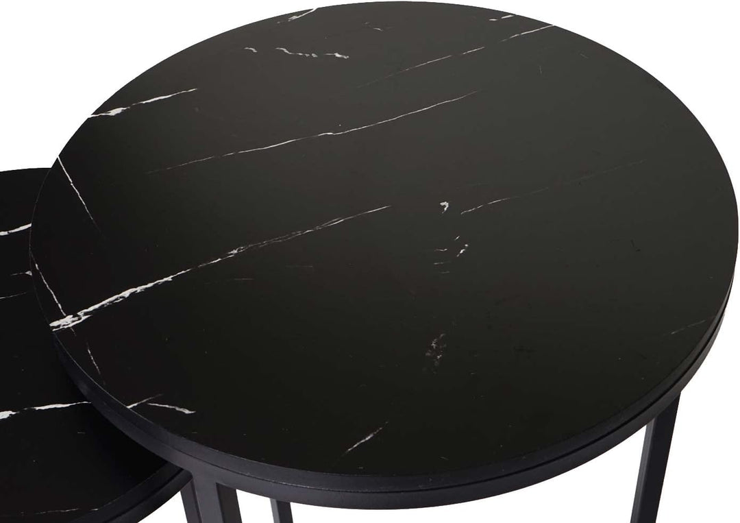 Mendler 2er-Set Beistelltisch HWC-K46, Kaffeetisch Nachttisch Loungetisch, Marmor-Optik MDF - schwar