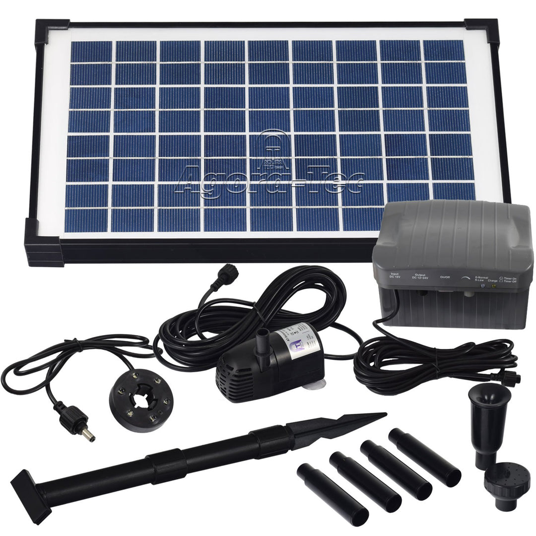 Agora-Tec® AT-10W-BL Beleuchtete Solar Teichpumpe 10 Watt mit Akku und 6 Fach LED Ring, Hmax.: 600l/