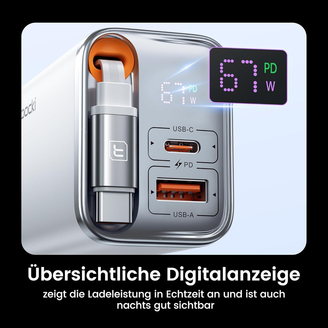 toocki USB C Ladegerät, 3Port GaN Mehrfach Ladegerät mit Schnell Einziehbares Ladekabel,67W USB C Ne
