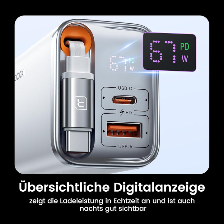 toocki USB C Ladegerät, 3Port GaN Mehrfach Ladegerät mit Schnell Einziehbares Ladekabel,67W USB C Ne