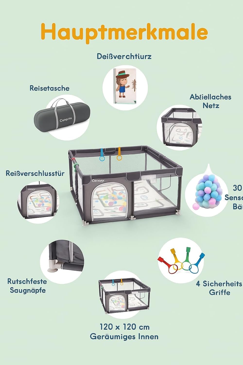 Laufstall für Babys mit Matratze, Bällebad (inkl. 50 Bällen) und 4 Haltegriffen. Laufgitter 124x124c