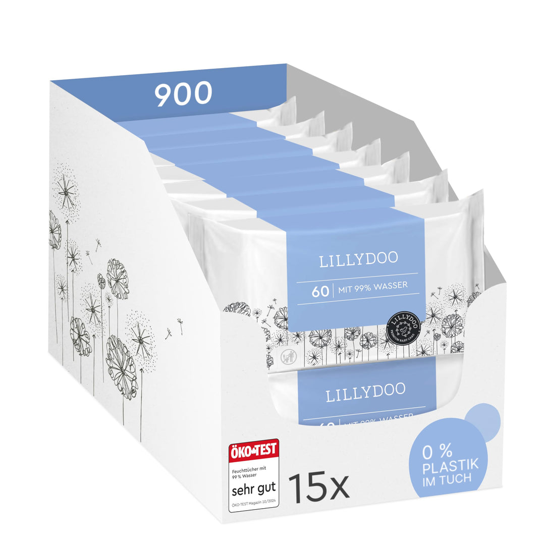 LILLYDOO Baby Feuchttücher mit 99% Wasser, 900 Stück (15 x 60), 100% plastikfreies Tuch, ohne Parfüm