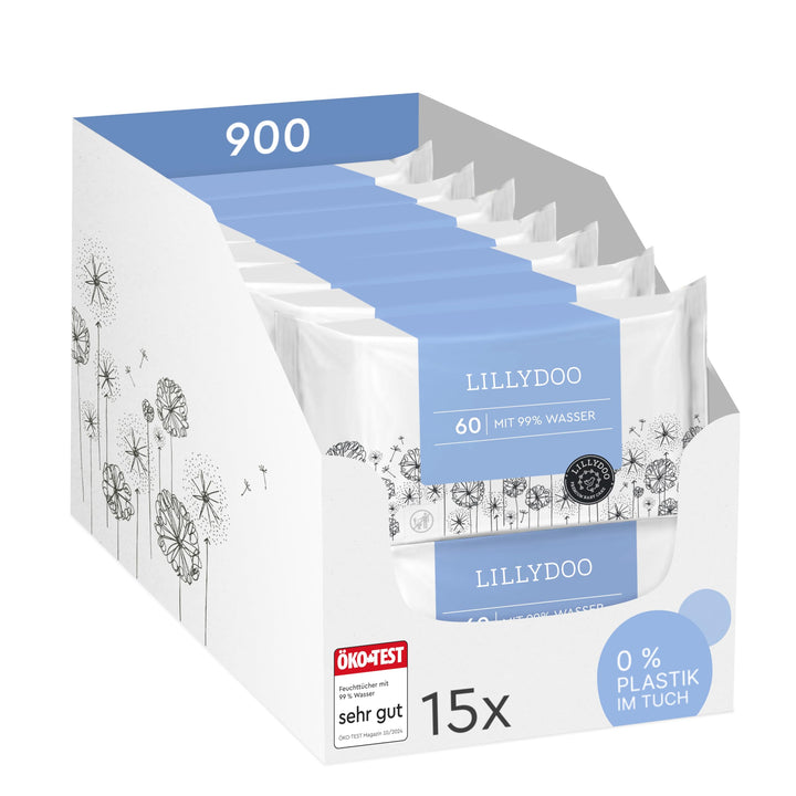 LILLYDOO Baby Feuchttücher mit 99% Wasser, 900 Stück (15 x 60), 100% plastikfreies Tuch, ohne Parfüm