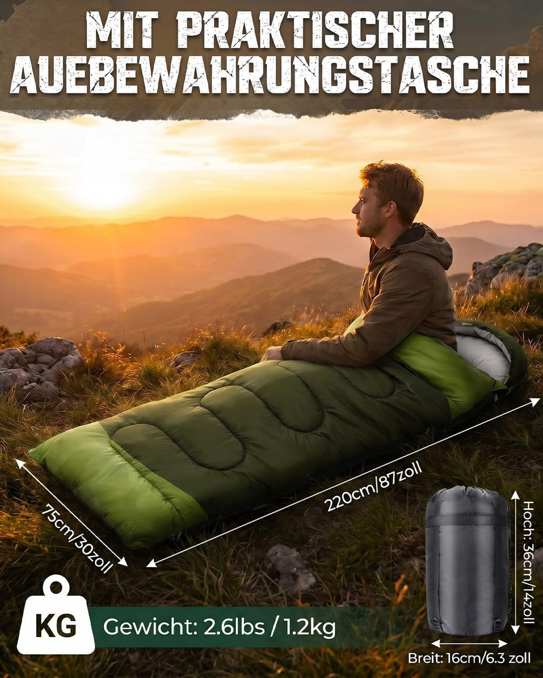 Schlafsack Camping für 3–4 Jahreszeiten, Outdoor-Schlafsack für Erwachsene und Kinder, Kompakter Sch