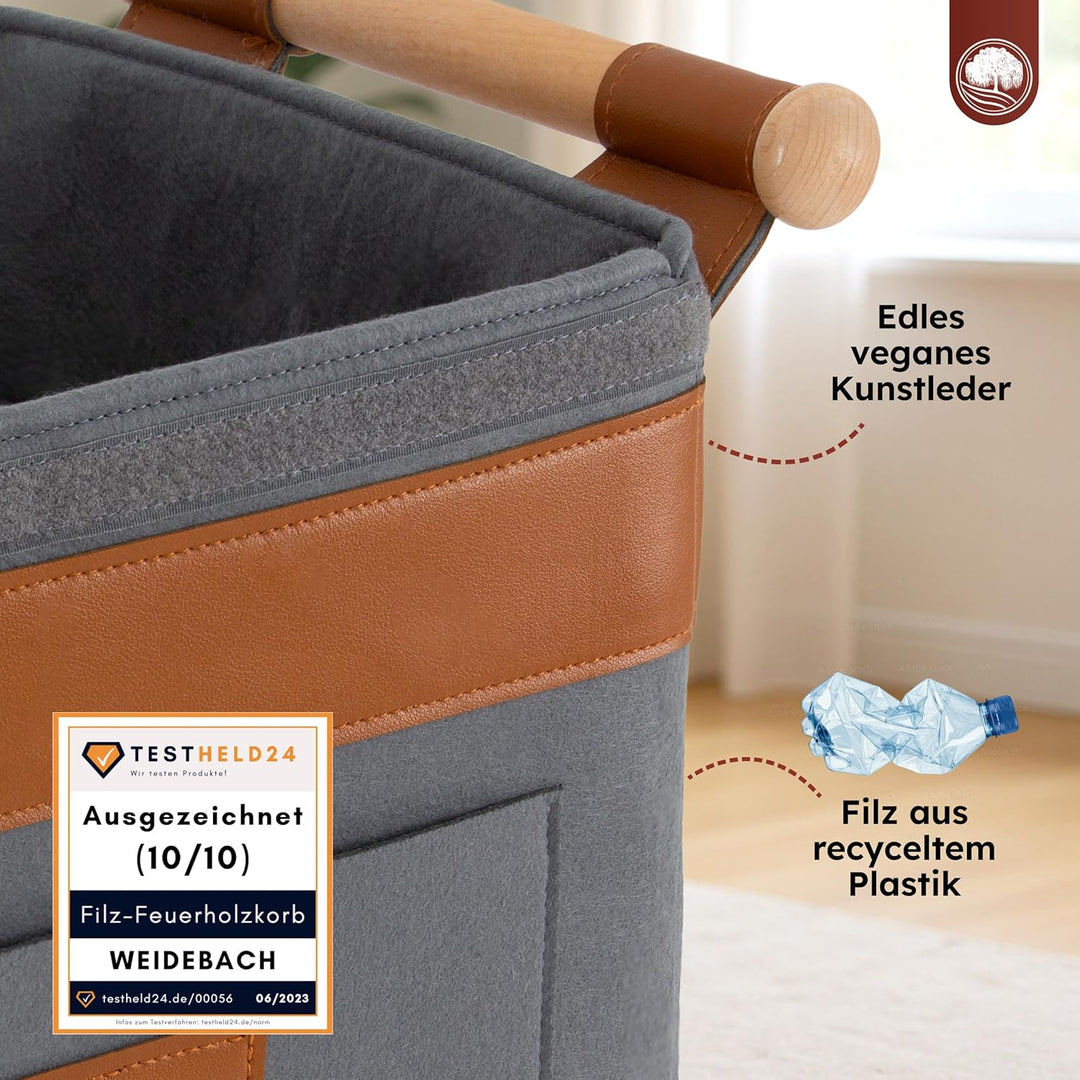 WEIDEBACH® Holzkorb für Kaminholz 35L (erweiterbar auf 50L), Kaminholzkorb grau schwer belastbar, Fe