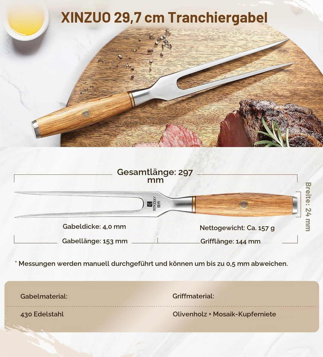XINZUO 29.7cm Fleischgabel Tranchiergabel 430 Edelstahl, Serviergabel Steakgabel professioneller mul
