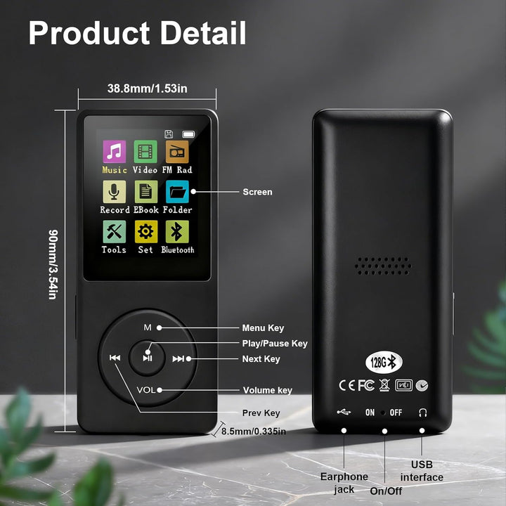 128 GB MP3-Player mit Bluetooth 5.0, COVVY Tragbarer digitaler Musik-Player mit integriertem HD-Laut
