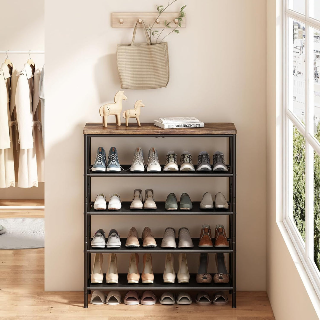 Schuhregal 5 Ebenen Schwarz Metall，mit oberem MDF-Paneel und Regal Vliesstoff，Platzsparend für Einga