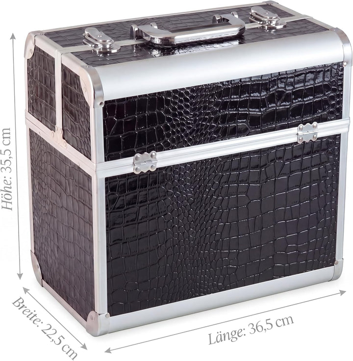 N&BF Profi Kosmetikkoffer gross Schwarz Croco Design, 35 x 22 x 36 cm, robuster Schminkkoffer aus Al