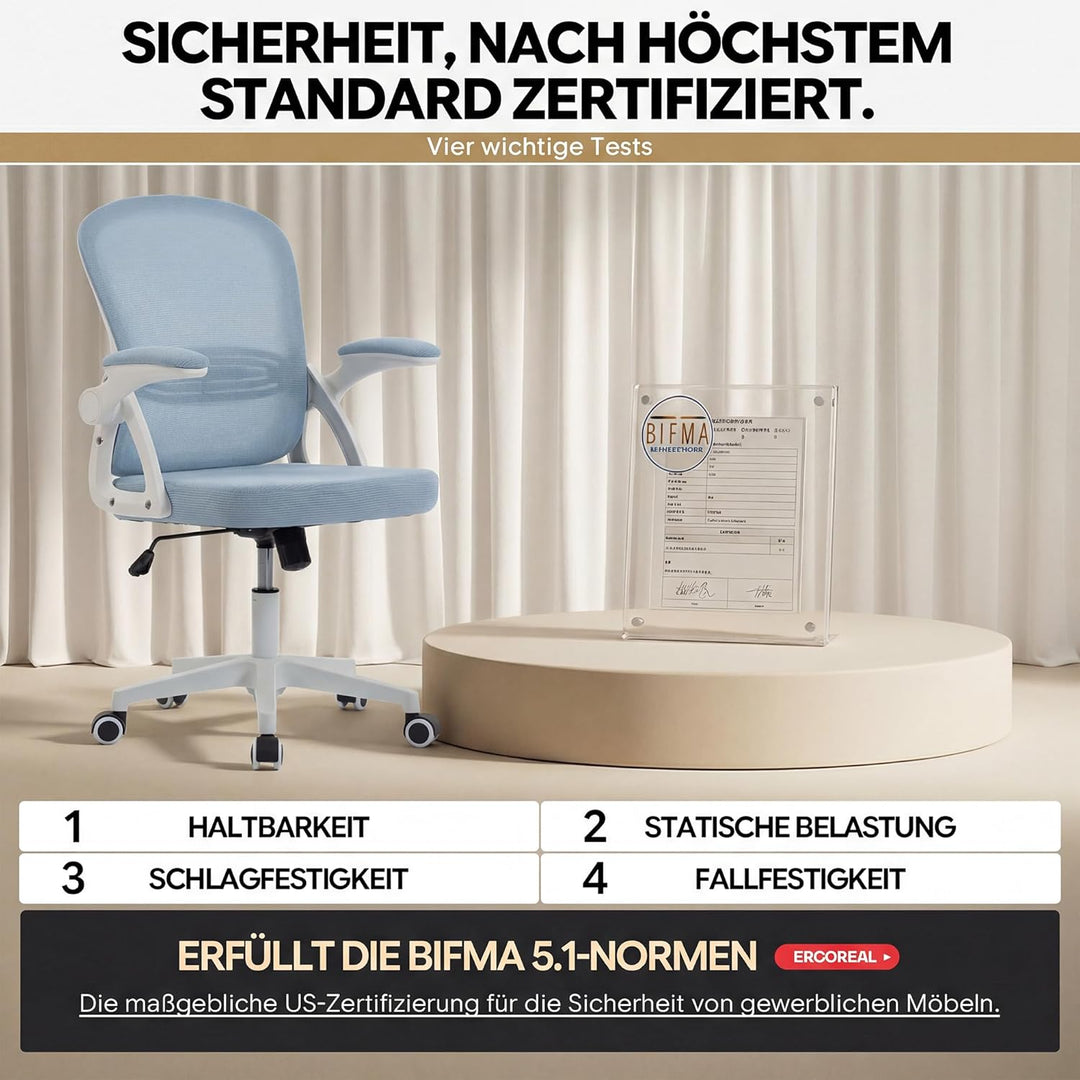 Ergonomischer Bürostuhl, 90-110° Verstellbare Rückenlehne & Aufklappbare Armlehnen (90°), Bürostuhl