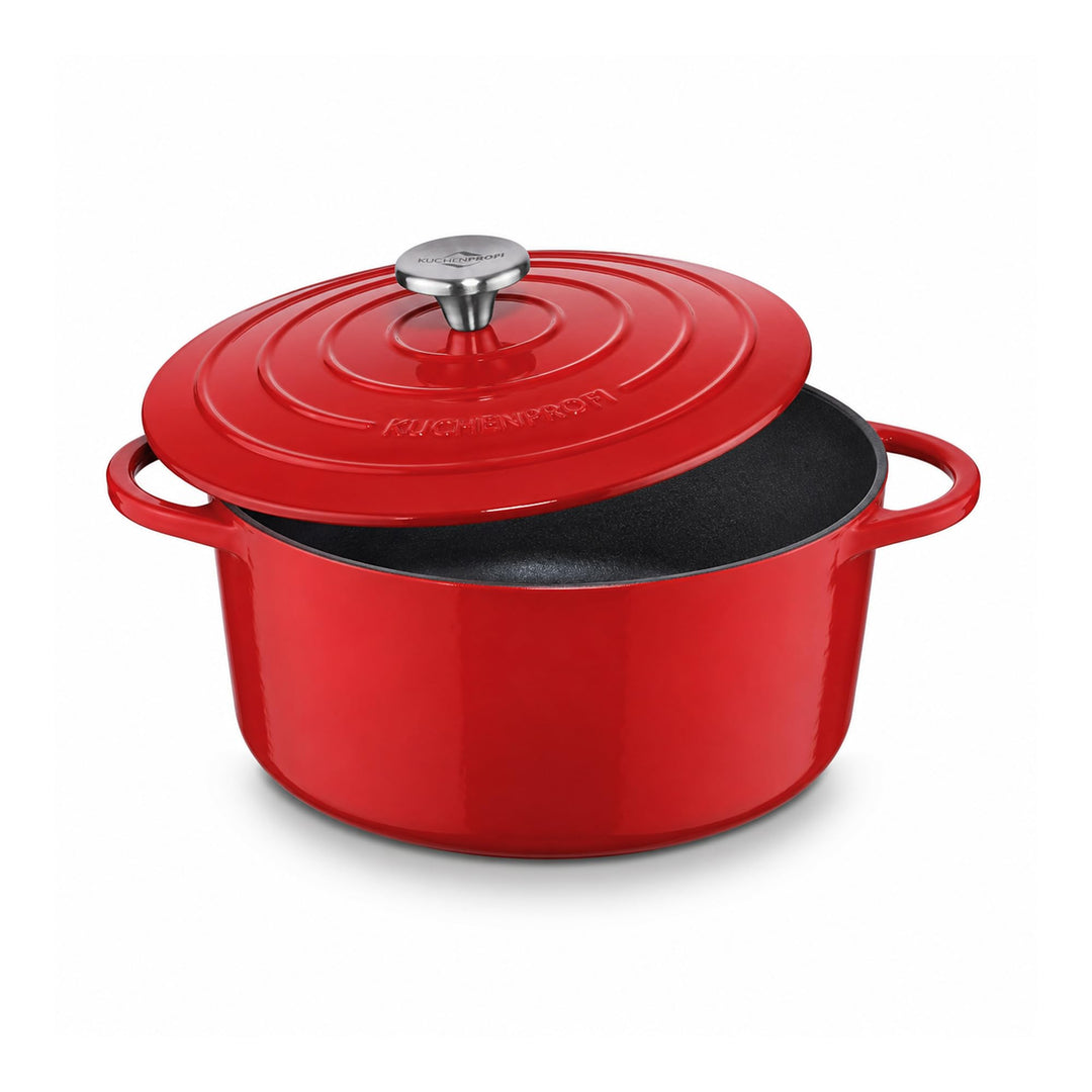 Küchenprofi Gusseisen Bräter mit Deckel, rot/innen schwarz , 24 cm, Schmortopf, Auflaufform, Dutch O