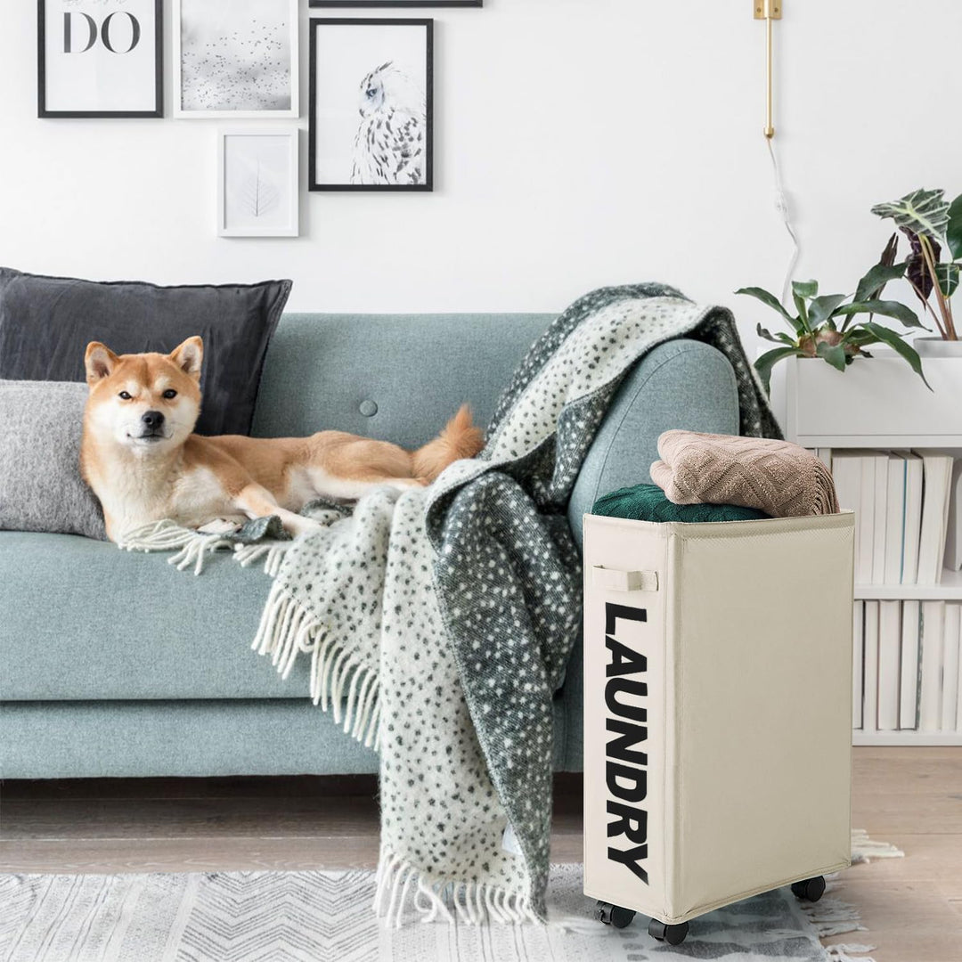 Rieeyrslza Faltbarer Wäschekorb mit Rollen 45L Schmaler Oxford-Stoff Faltbarer Wäschekorb dünner Wäs