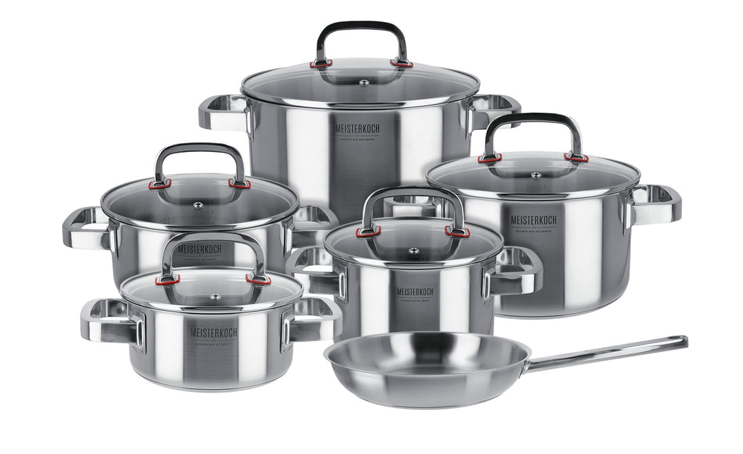 Meisterkoch Topf- & Pfannenset 6-teilig Induktion Edelstahl unbeschichtet | 5 Töpfe mit Glasdeckel u