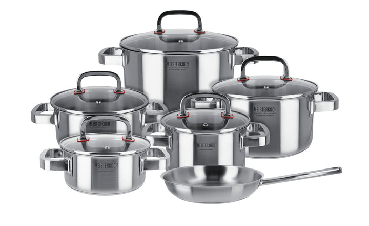 Meisterkoch Topf- & Pfannenset 6-teilig Induktion Edelstahl unbeschichtet | 5 Töpfe mit Glasdeckel u