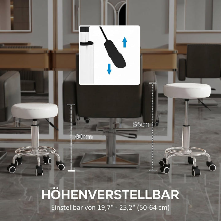 Vinsetto Rollhocker Höhenverstellbar mit Fussring Weiss Ø42 x 50-64 cm | Arbeitshocker, Drehbarer Sa
