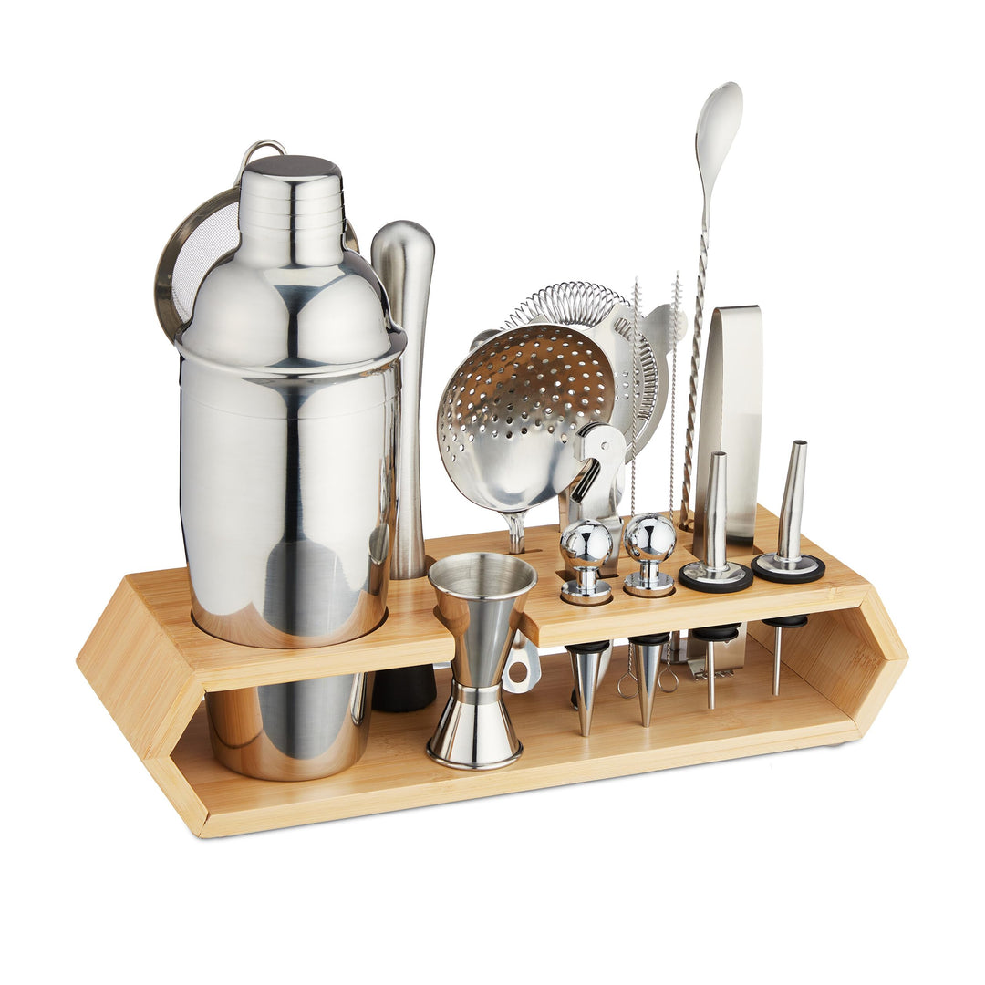 Relaxdays Cocktail Set, 16-TLG. Barset mit Ständer, Shaker, Barmass, Barlöffel, Zange, Edelstahl & B