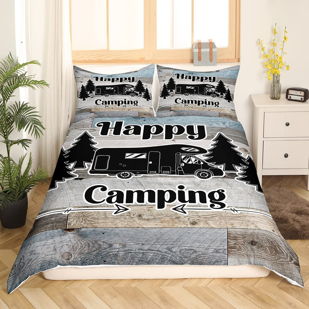 Happy Camping-Bettwäsche-Set, 135 x 200 cm, für Jungen, Kinder, Teenager, rustikaler Bettbezug im La