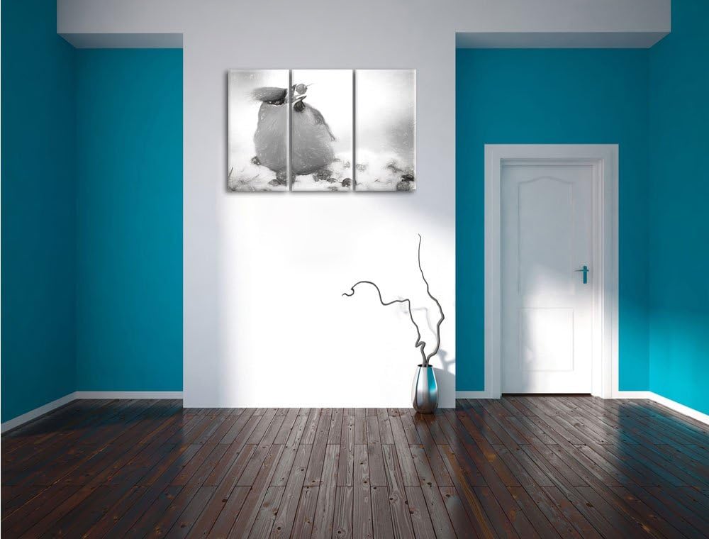 Pixxprint Kleiner Vogel im Schnee Kohle Zeichnung Effekt 3-Teiler Leinwandbild 120x80 Bild auf Leinw