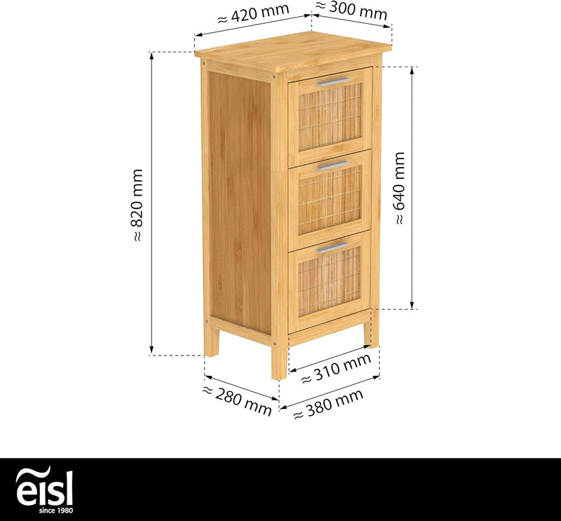 EISL Badezimmer Unterschrank, Badschrank schmal mit 3 Schubladen, nachhaltige Badmöbel Bambus, BMBA0