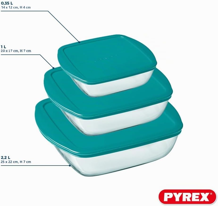 Pyrex® - Cook & Store - 3er Set eckige Vorratsschalen aus Glas mit Deckel (0,35l; 1l; 2,2l) - BPA-fr