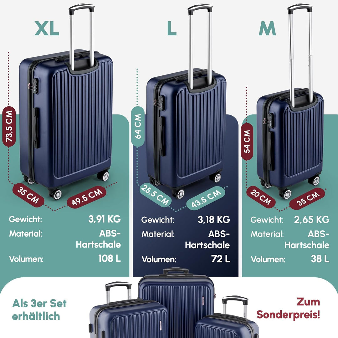 Easy Move Koffer Gross XL 74x50x29cm - Stabiler Hartschalenkoffer Reisekoffer mit 4 Rollen 360° leis