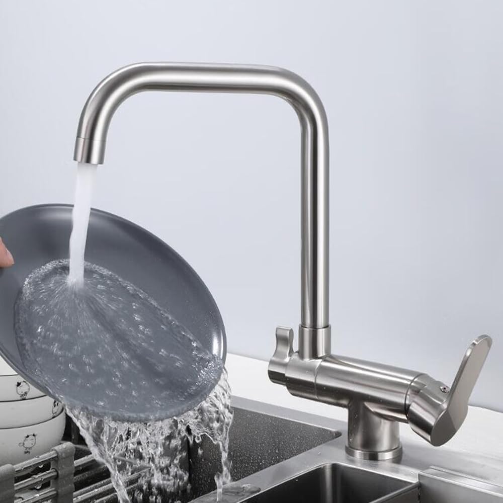 Küchenarmatur 3 Wege, Wasserhahn Küche Klappbar Vorfenster, 360° Schwenkbar 2 Griffe Messing Spültis
