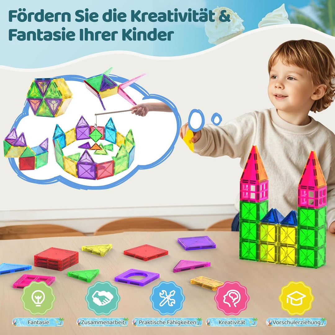 Crenova Magnetische Bausteine STEM Magnet Spielzeug Kinder 3D Farbenfrohe Starterset Magnetbausteine