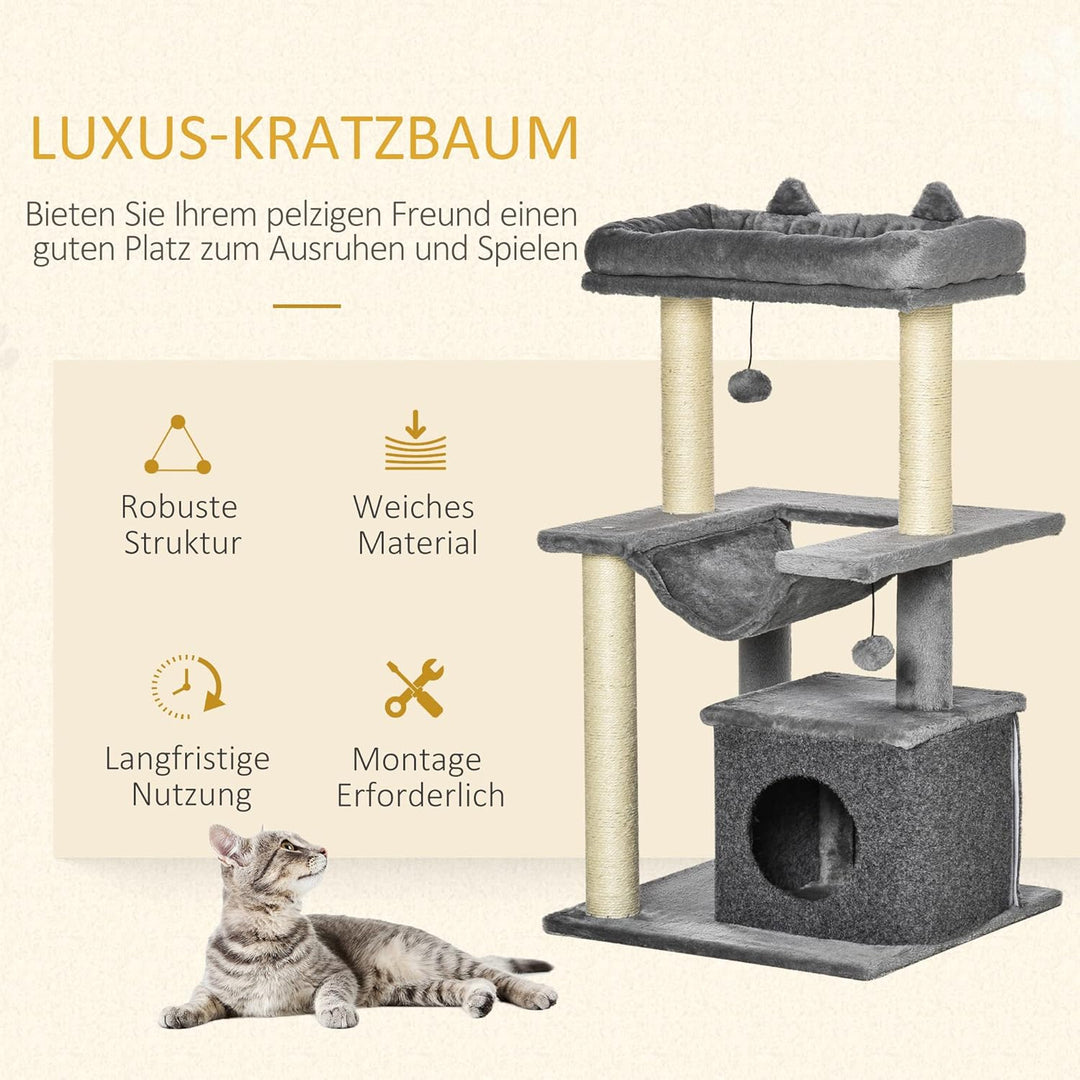 PawHut Kratzbaum 90 cm mit Hängematte für Katzen unter 4 kg Grau | Katzenturm, Höhle, 2 Plüschballen