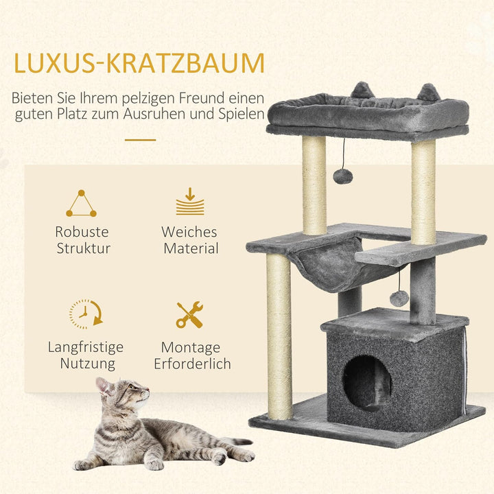 PawHut Kratzbaum 90 cm mit Hängematte für Katzen unter 4 kg Grau | Katzenturm, Höhle, 2 Plüschballen