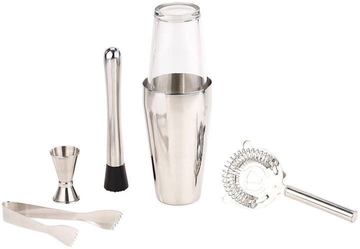 Rosenstein & Söhne Cocktail Set: Boston-Cocktailshaker-Set aus Edelstahl mit Glas, 6-teilig, 0,8 l (