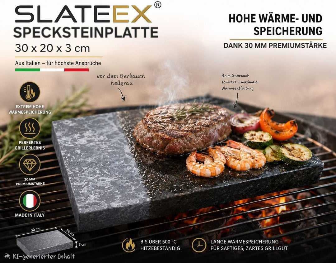 Naturstein-Grillplatte aus Speckstein 20×30×3 cm – Hitzebeständige Kochfläche zum Grillen, Braten &