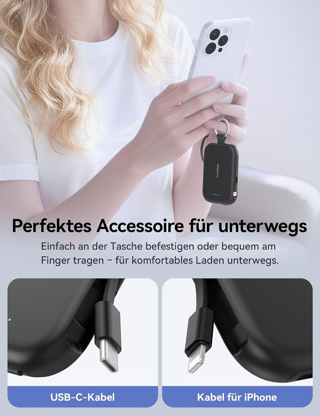 RORRY CharmGo 5000mAh Powerbank, Portable Charger mit integrierten Kabeln und Schlüsselanhänger, Tra