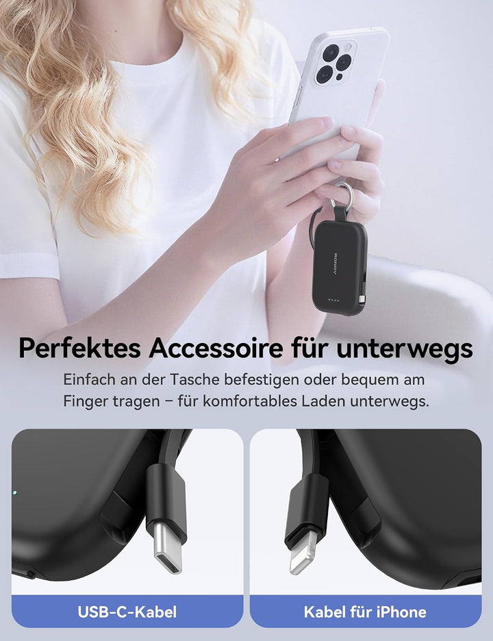 RORRY CharmGo 5000mAh Powerbank, Portable Charger mit integrierten Kabeln und Schlüsselanhänger, Tra