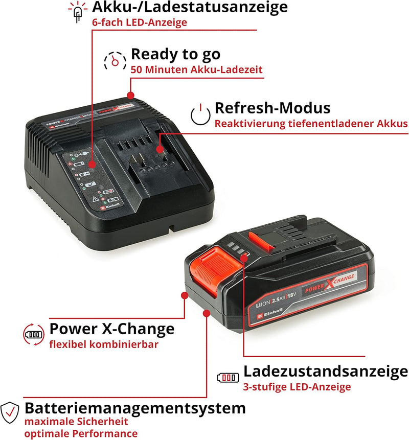 Original Einhell Starter Kit 2,5 Ah Akku und Ladegerät Power X-Change (Li-Ion, 18 V, 50 min Ladezeit