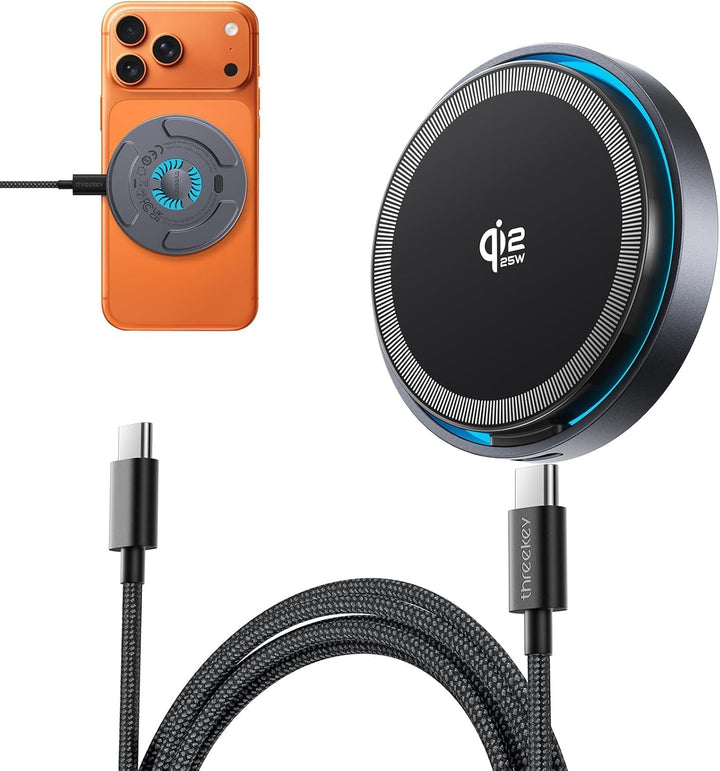 THREEKEY Magnetisches Wireless Ladegerät 25W, Qi2-kompatible Induktive Ladestation mit Kühlventilato