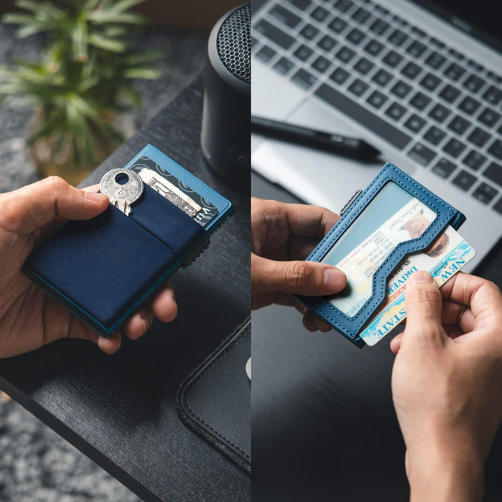 VULKIT Kreditkartenetui mit EDC-Fächern und Ausweisfenster, RFID-blockierende Pop Up Karten Geldbörs