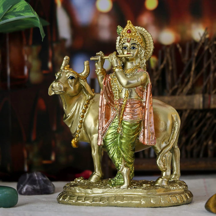 alikiki Hinduistische Gott, Lord Krishna, Statue – 13 cm H Baby Krishna Idol mit Kuh Nandi Statue In