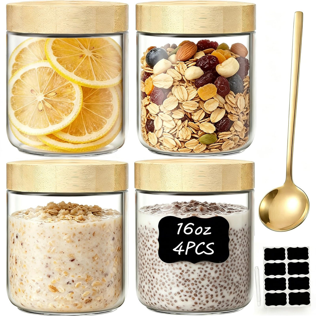 4 Set Overnight Oats Gläser 500ml,Meal Prep Gläser,Einmachgläser mit Schraubdeckel & Löffel,Mason Ja