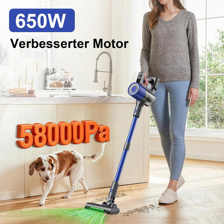 Akku Staubsauger 650W/58KPA/60Mins,Staubsauger Kabellos mit Selbststehend Anti-Tangle-Bürste LED, 2,