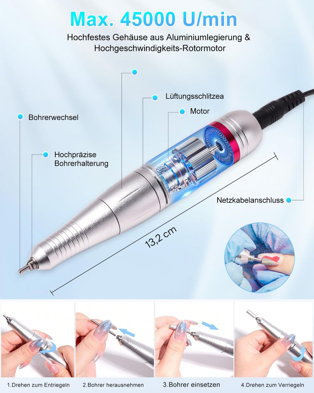 CozyZen Elektrische Nagelfräser Professional: 45000 U/min Nagelpflege-Kit mit LCD-Display, Hand- & F