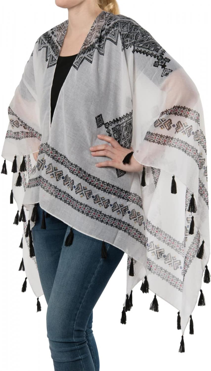 styleBREAKER Leichter Sommer Poncho mit Ethno Muster, Quasten, Strand, Boho Style, Damen 08010022, F