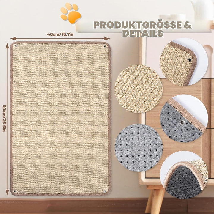 1 Stück Sisal Kratzmatte 40x60CM Kratzschutz für Wand und Sofa | Natürliches Sisal, Effektiver Kratz