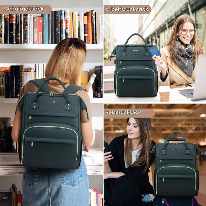 LOVEVOOK Rucksack Damen, Gross Wasserdicht 17 Zoll Laptoptasche Schulrucksack, PU Leder Schultasche
