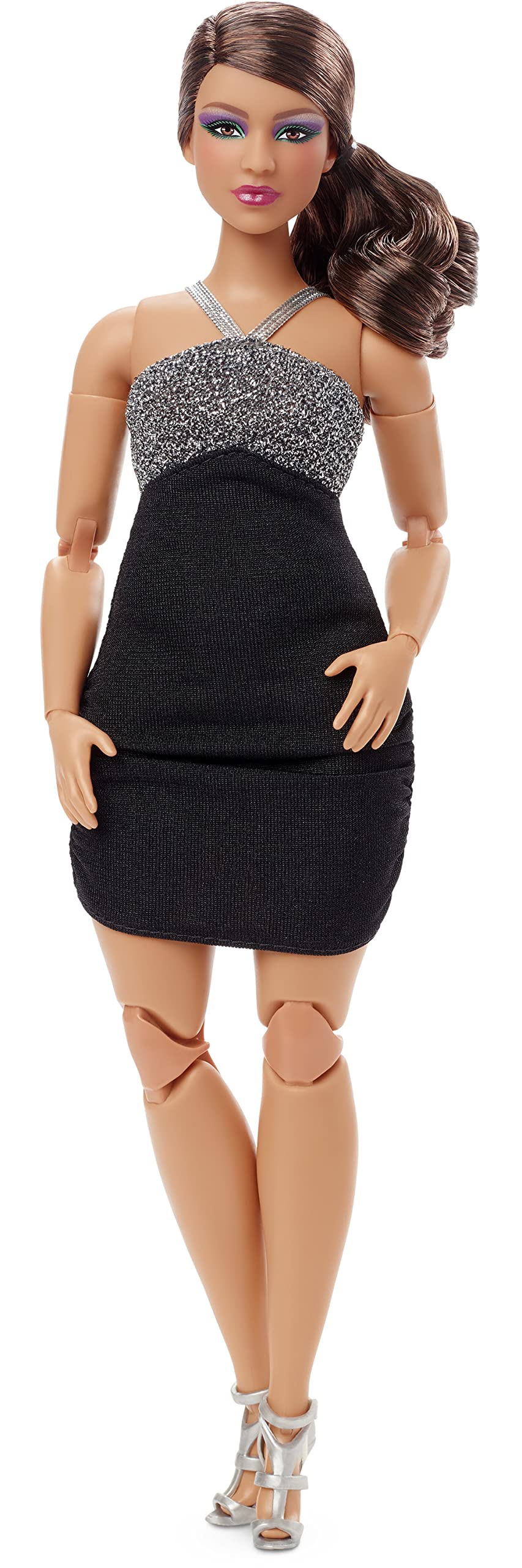 Barbie Signature Looks Puppe, Curvy Barbie mit braunem Pferdeschwanz, schwarzem Kleid, silbernen Hig