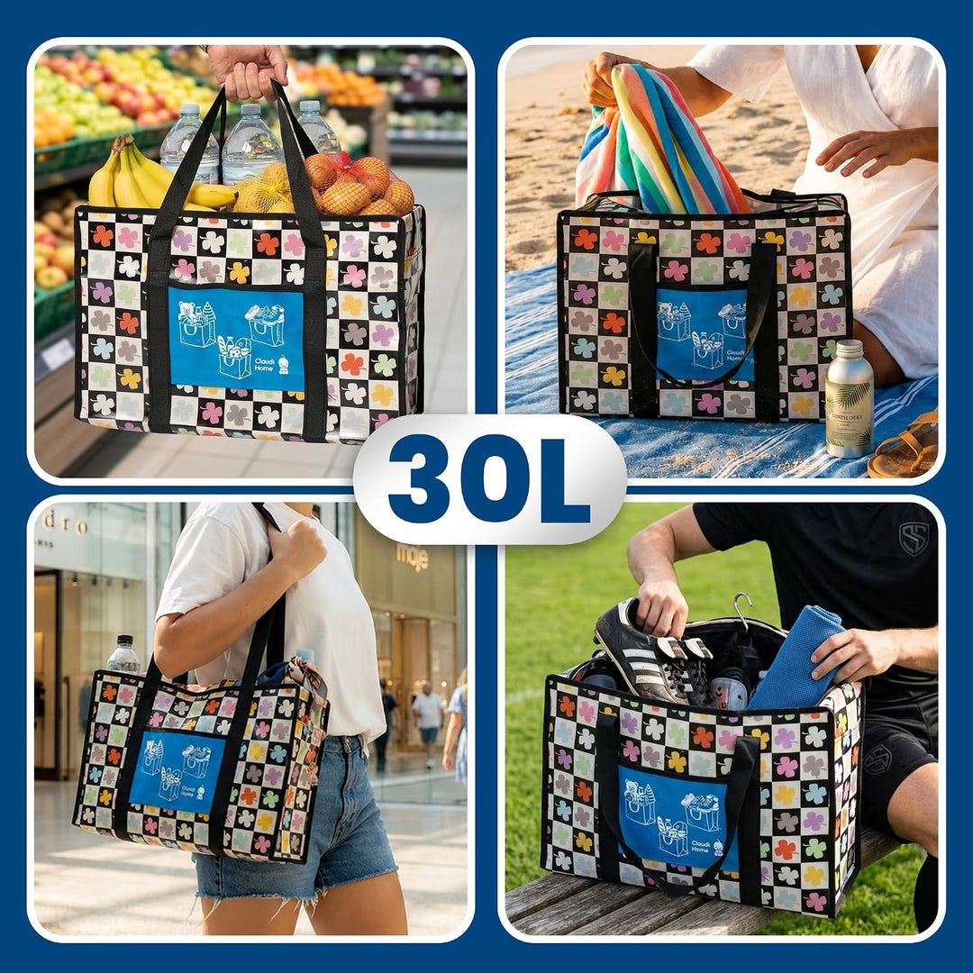 5er-Set Einkaufstaschen (5x30L) mit Reissverschluss & Vordertasche, extrem strapazierfähige & wieder