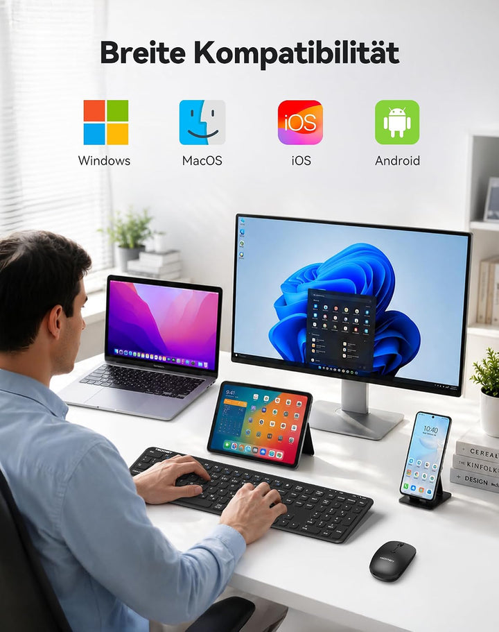TECKNET Tastatur Maus Set Kabellos - Wiederaufladbare Ultradünne Bluetooth Tastatur mit Maus, Deutsc