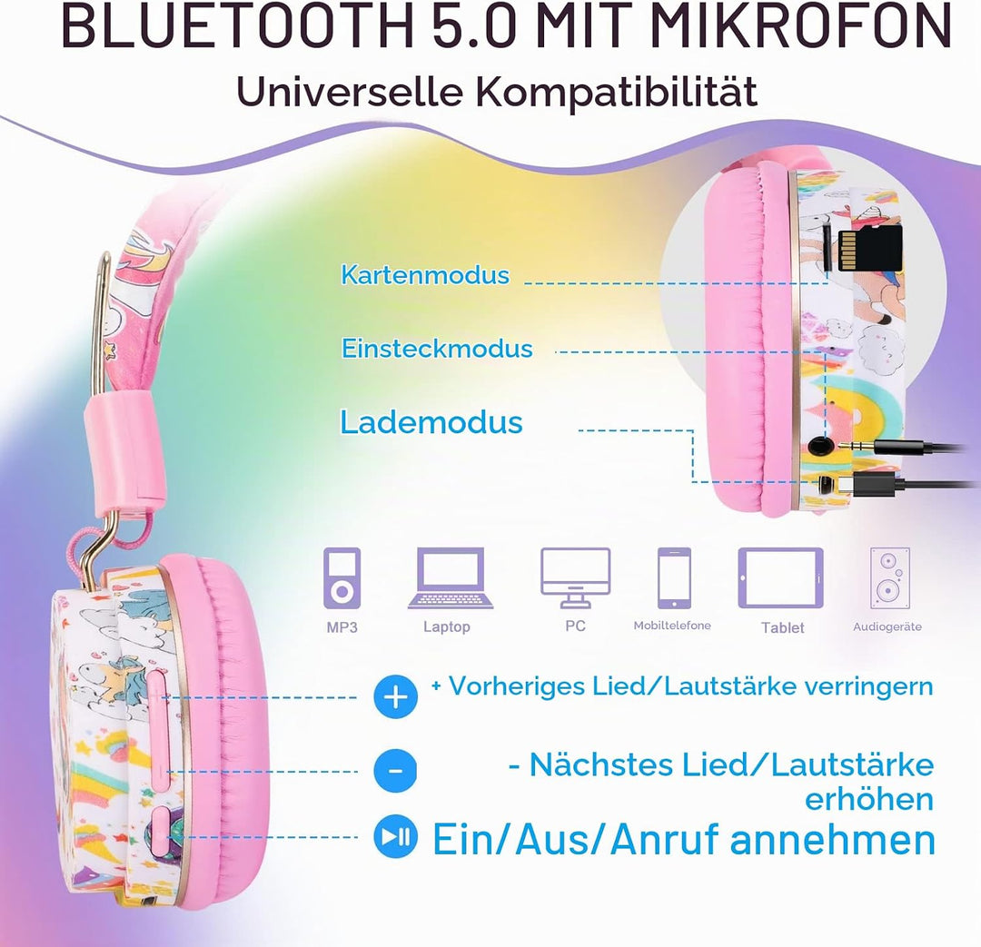 JYPS Bluetooth Kopfhörer Kinder, Einhorn Kopfhörer Kabellos Kinder mit Kabel und Mikrofon, Kids Head