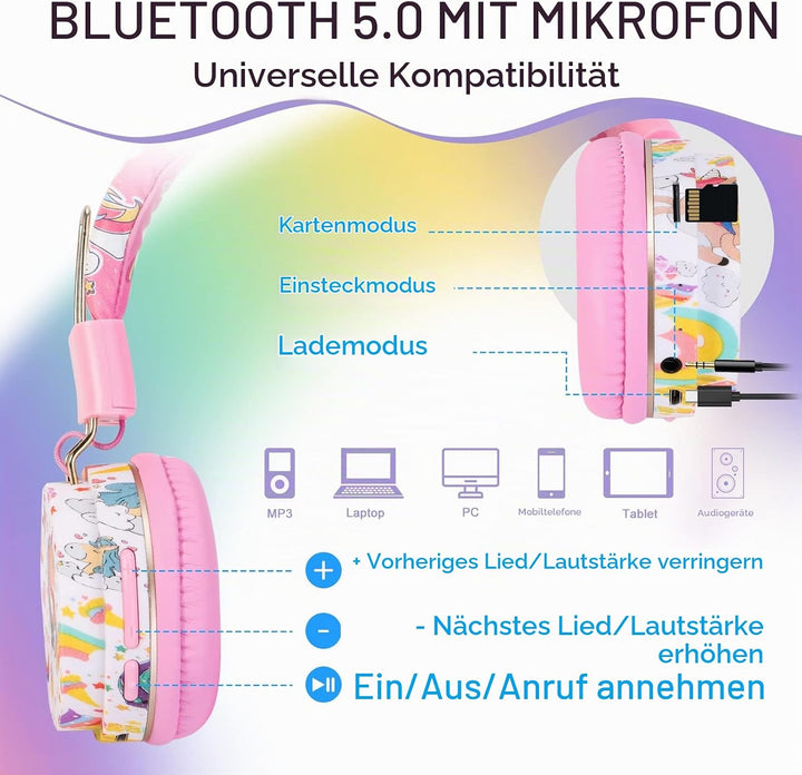 JYPS Bluetooth Kopfhörer Kinder, Einhorn Kopfhörer Kabellos Kinder mit Kabel und Mikrofon, Kids Head